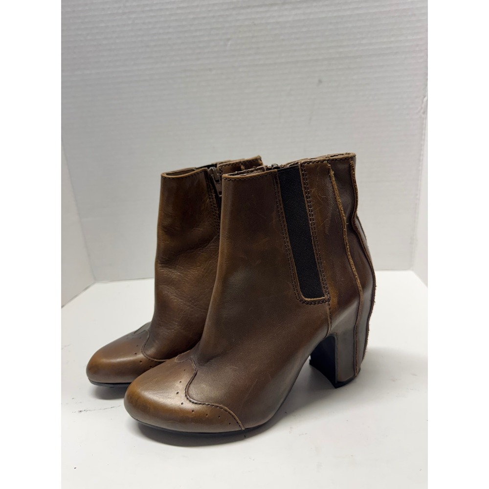 Fly London Brown Leather Paneled Ankle Boots Block Heel Perforated Toe 36 6